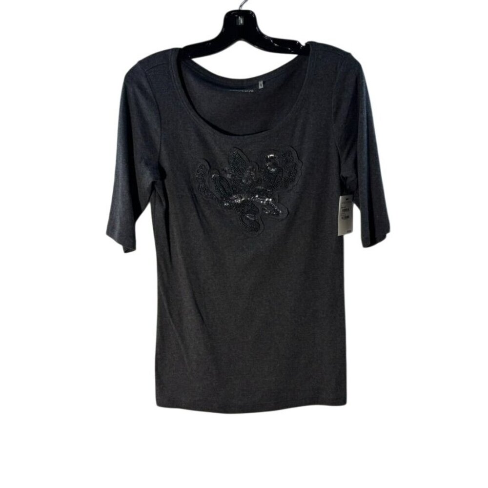 Caslon Womens Charcoal Gray Cotton Embellished Scoop Neck Top L Nordstrom